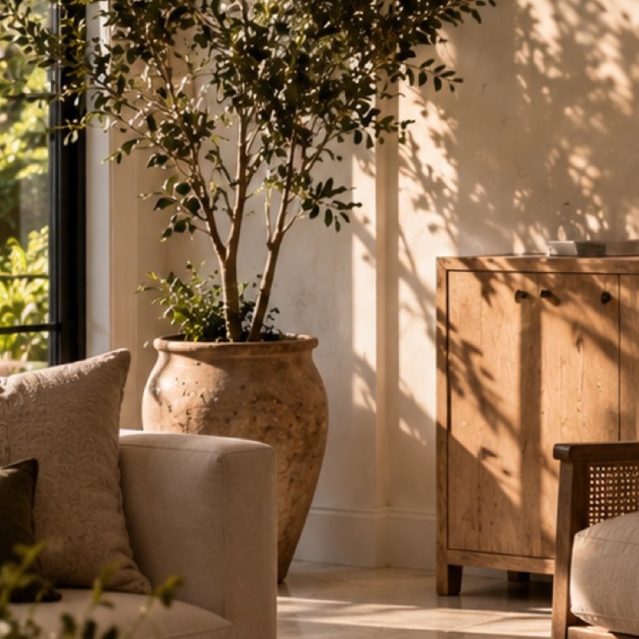 Aged terracotta planter with an olive tree